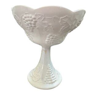 Vintage White Milk Glass Grape & Vine Embossed Compote Pedestal Bowl Scalloped E
